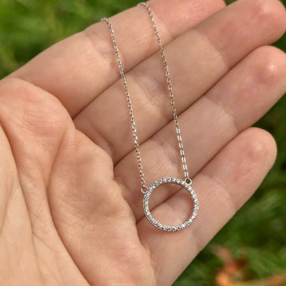Sterling Silver 925 Open Circle CZ Necklace, Dainty Pave Karma Eternity Pendant